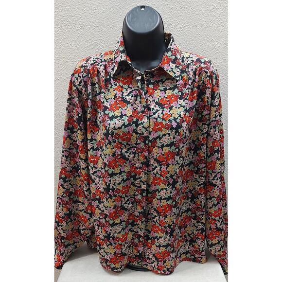 Vintage Jacques Vert Button Up Floral Blouse USA Size 8 Red Black Pink Green B6 - Picture 1 of 6